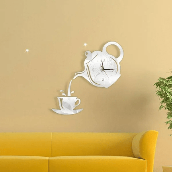 Stickers Muraux - CupTeapotWallClock™ - Argent - Déco Pour Tous